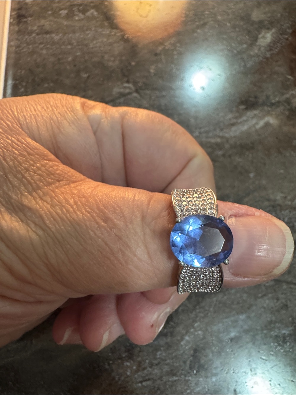 Blue Oval Gemstone Ring with Pavé Band - Unbranded